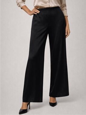 Talbots 100% Silk Wide Leg Pants Size 10 Black Vintage Minimalist Side Zip